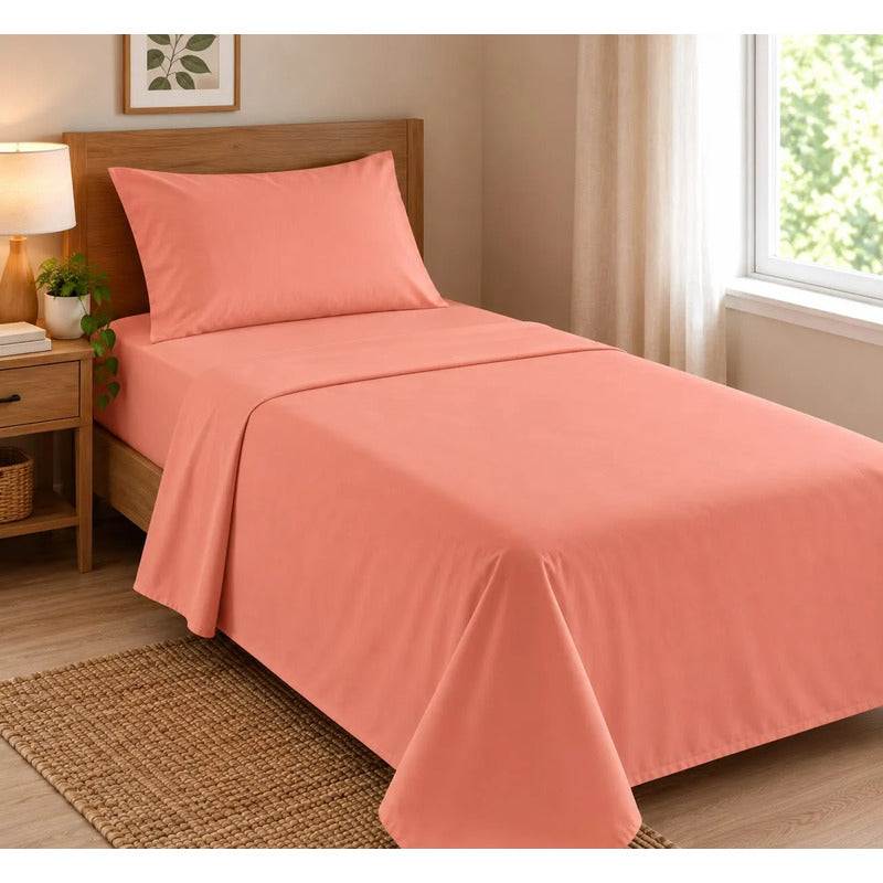 Sábanas 1 Plaza 148x240cm Ajustable 90x190x25 Cm Con Funda Salmón Liso