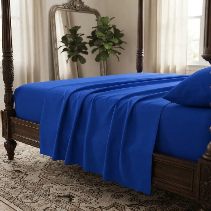 Sábanas 1 Plaza 148x240cm Ajustable 90x190x25 Cm Con Funda Azul Liso