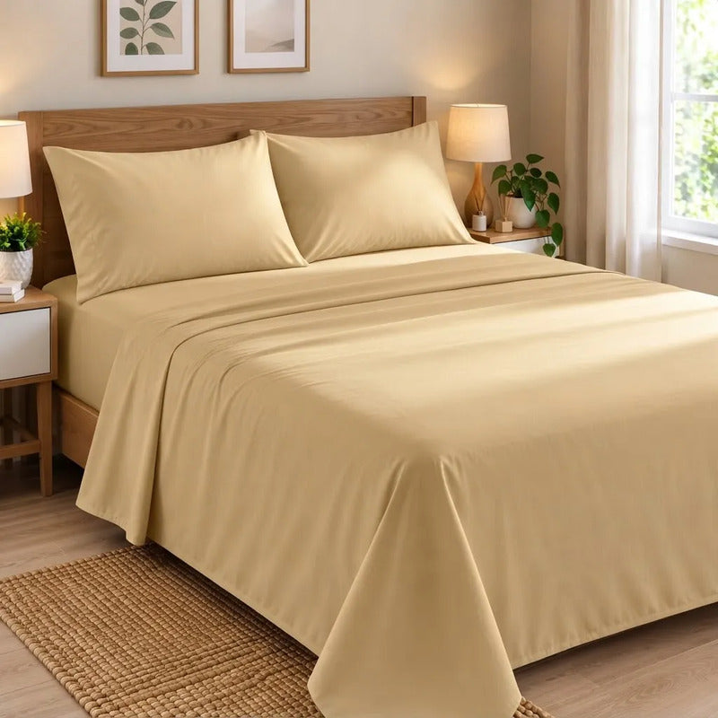 Sábanas 2 Plaza 198x240cm Ajustable 140x190x25cm Con 2 Funda Marron Clara Liso
