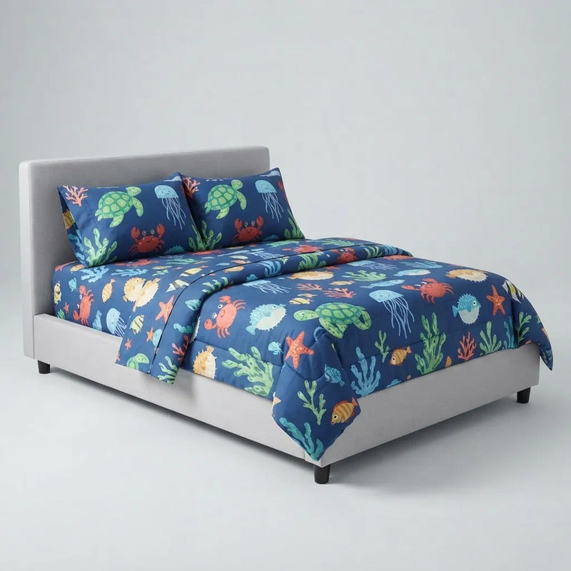 Sabana Infantil 1 Plaza Varios Diseños 1,48 X 2,40 Mts Azul Animales Marinos