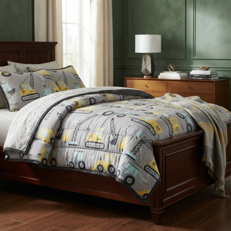 Sabana Infantil 1 Plaza Varios Diseños 1,48 X 2,40 Mts Gris Maquinaria