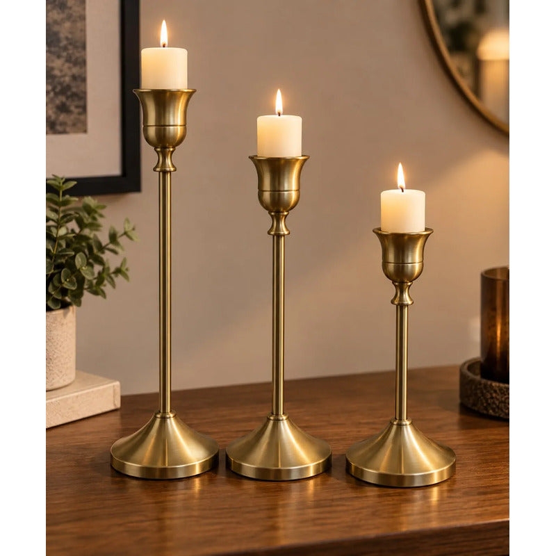 Portavela Decorativo Clásico Metal Negro Pack X 3 Tamaños Dorado