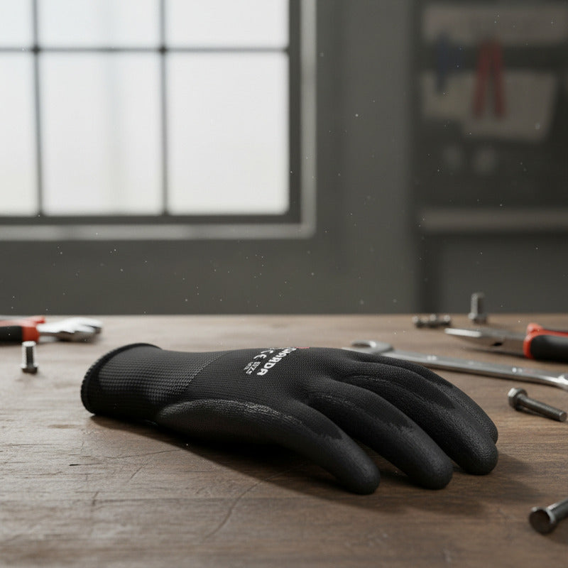 Guantes Seguridad Guarda De Poliéster Y Nitrilo Livianos Negro