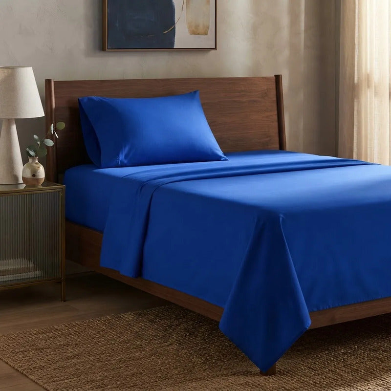 Sábanas 1 Plaza 148x240cm Ajustable 90x190x25 Cm Con Funda Azul Liso