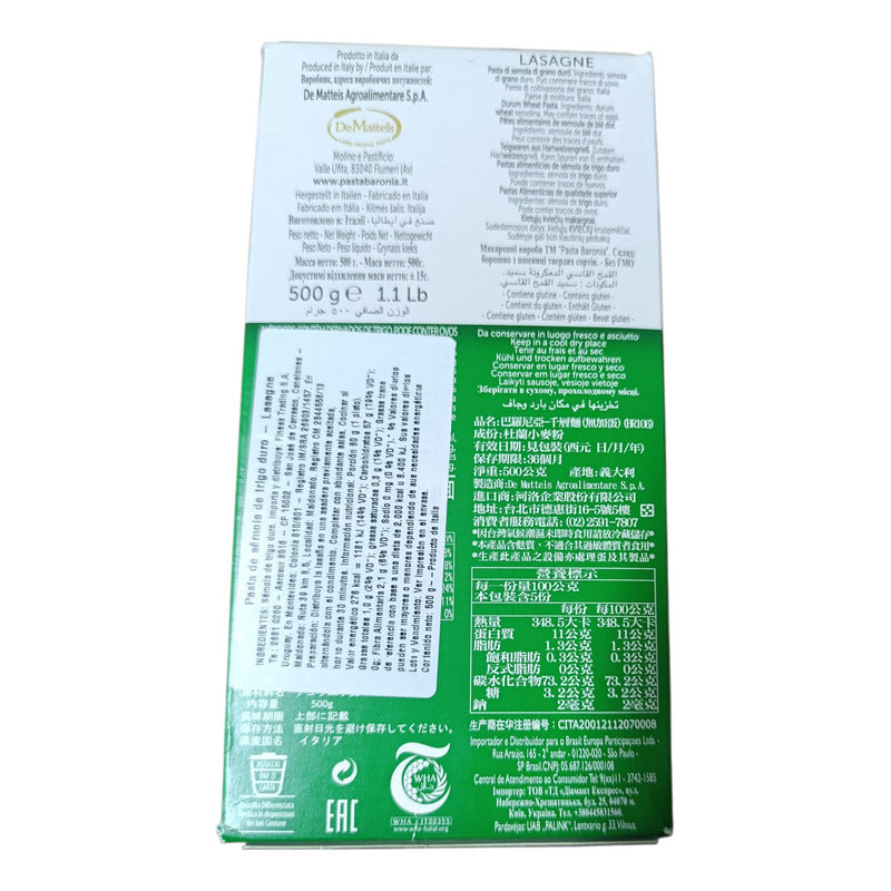 Masa/tapa De Lasaña Baronia Lasagne 500g