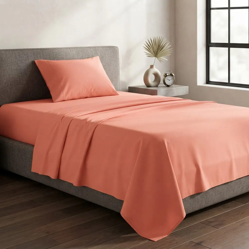 Sábanas 1 Plaza 148x240cm Ajustable 90x190x25 Cm Con Funda Salmón Liso