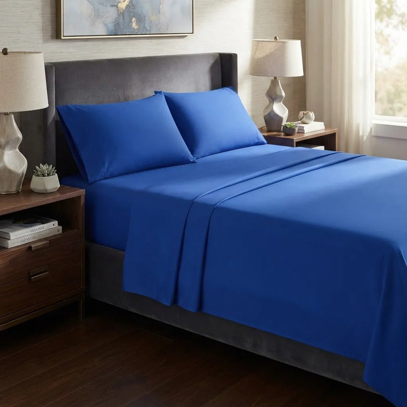 Sábanas 2 Plaza 198x240cm Ajustable 140x190x25cm Con 2 Funda Azul Liso