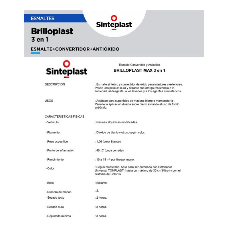 Pintura Sintetica Brilloplast 3 En 1 Secado Rápido 4 Litros