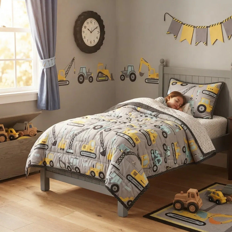 Sabana Infantil 1 Plaza Varios Diseños 1,48 X 2,40 Mts Gris Maquinaria