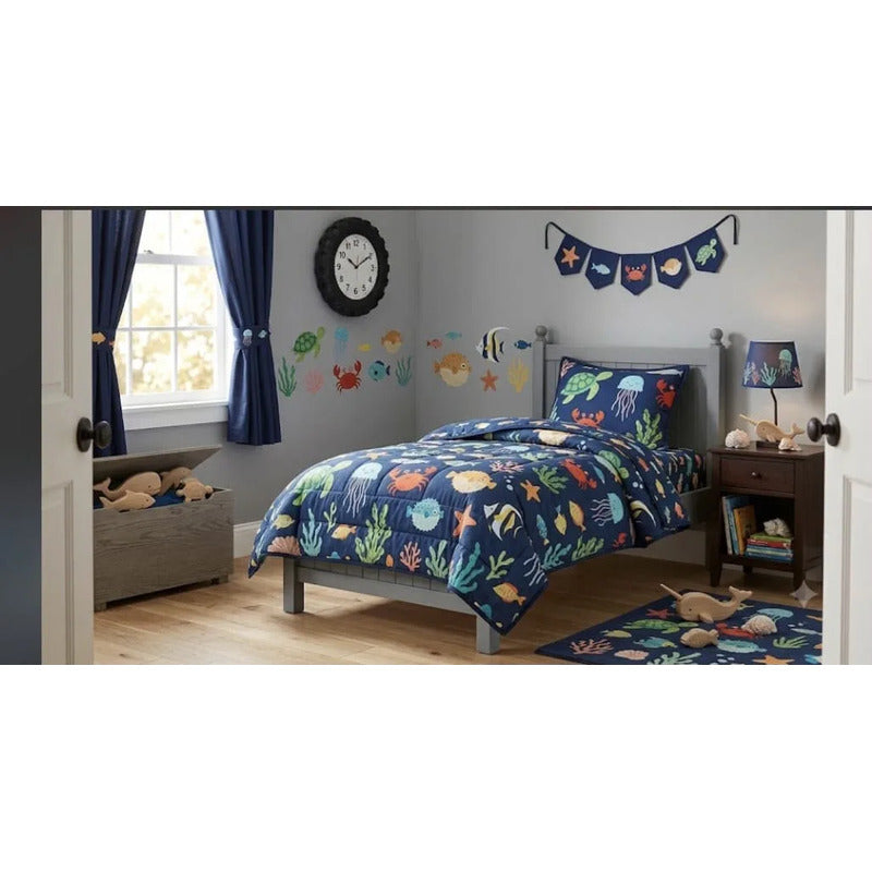 Sabana Infantil 1 Plaza Varios Diseños 1,48 X 2,40 Mts Azul Animales Marinos