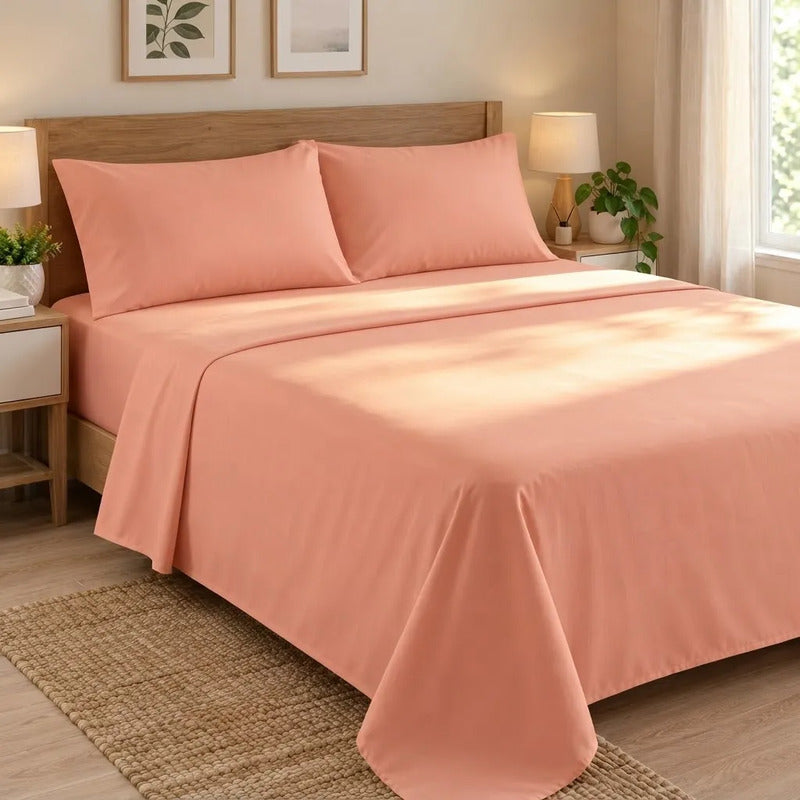 Sábanas 2 Plaza 198x240cm Ajustable 140x190x25cm Con 2 Funda Salmon Liso