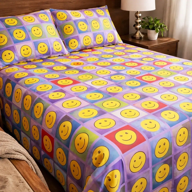 Sabana Infantil 1 Plaza Diseño Caritas 1,48 X 2,40 Mts. Violeta Caritas