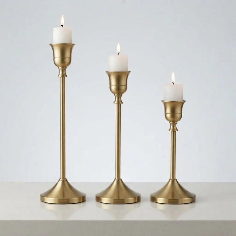 Portavela Decorativo Clásico Metal Negro Pack X 3 Tamaños Dorado
