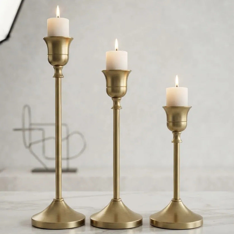Portavela Decorativo Clásico Metal Negro Pack X 3 Tamaños Dorado