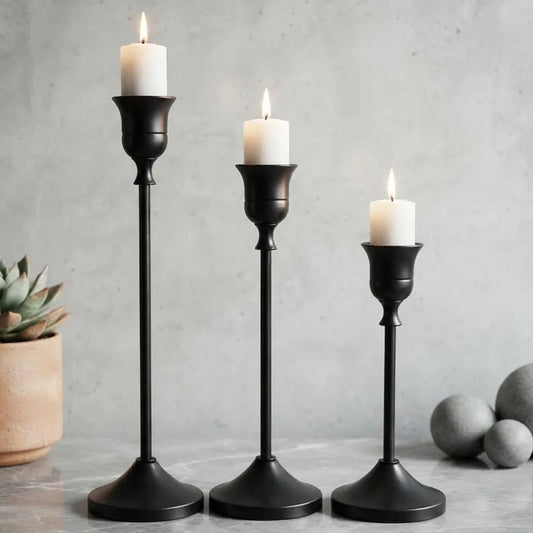Portavela Decorativo Clásico Metal Negro Pack X 3 Tamaños Negro