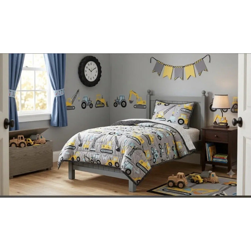 Sabana Infantil 1 Plaza Varios Diseños 1,48 X 2,40 Mts Gris Maquinaria