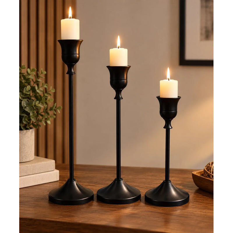 Portavela Decorativo Clásico Metal Negro Pack X 3 Tamaños Negro
