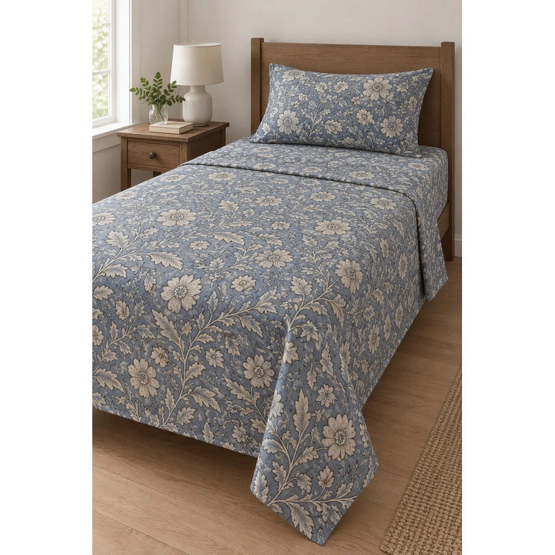 Sabana De 1 Plaza 148 X 240 Cm Con Funda Azul Acero Diseño