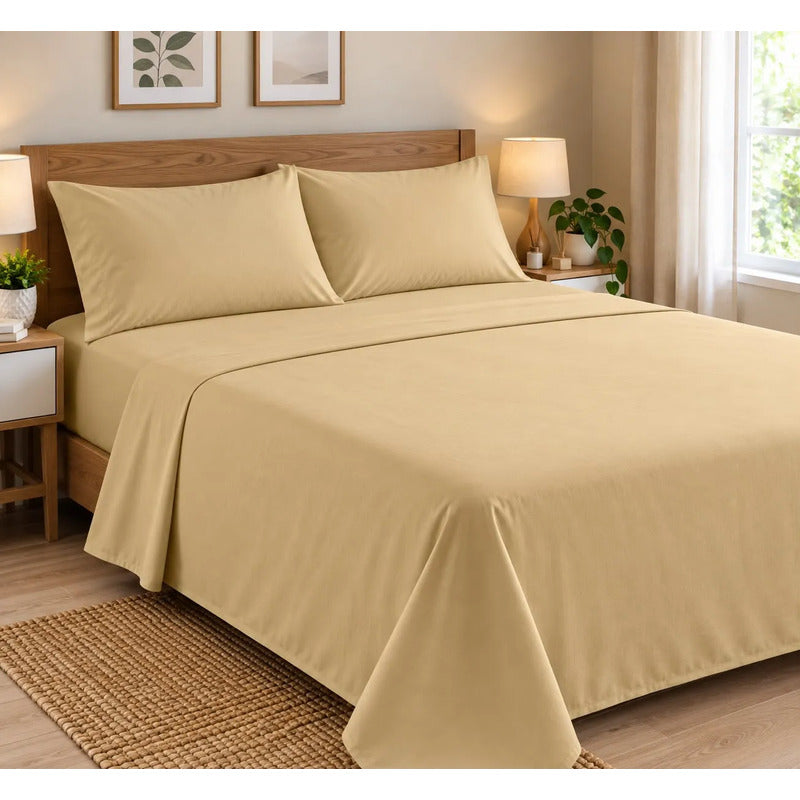 Sábanas 2 Plaza 198x240cm Ajustable 140x190x25cm Con 2 Funda Marron Clara Liso