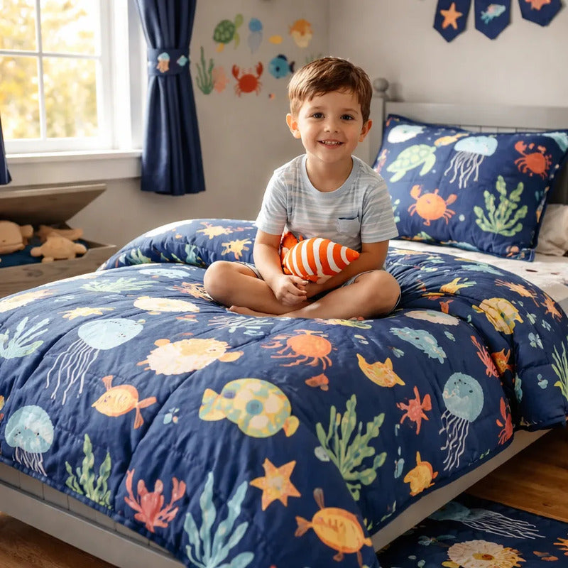 Sabana Infantil 1 Plaza Varios Diseños 1,48 X 2,40 Mts Azul Animales Marinos