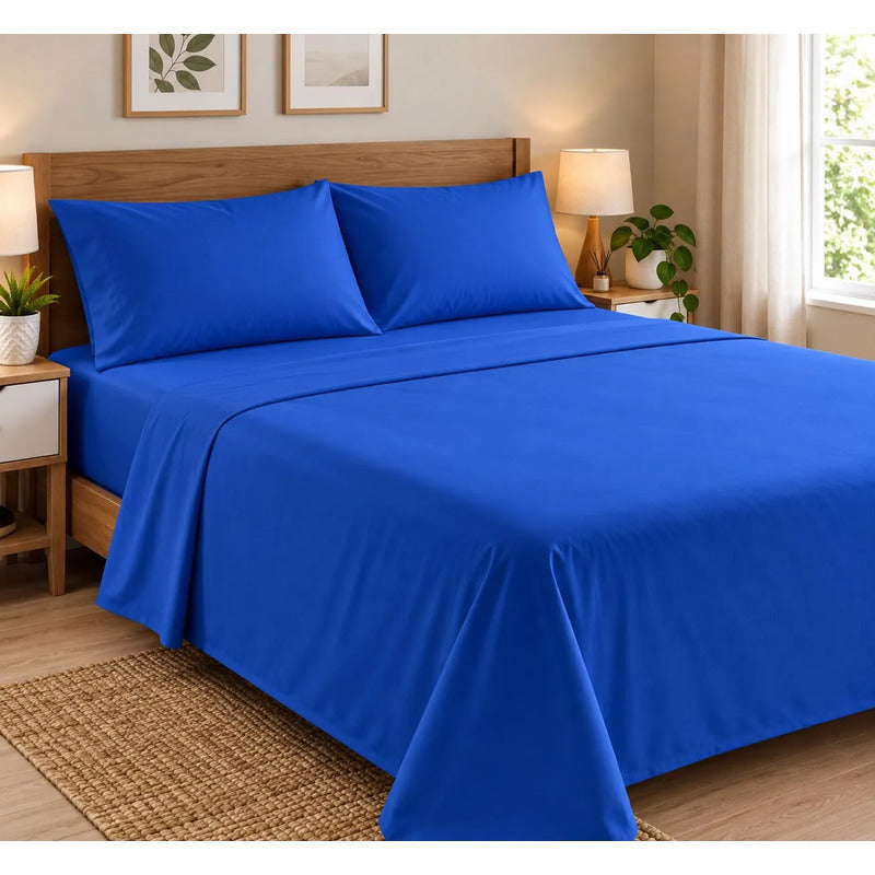 Sábanas 2 Plaza 198x240cm Ajustable 140x190x25cm Con 2 Funda Azul Liso