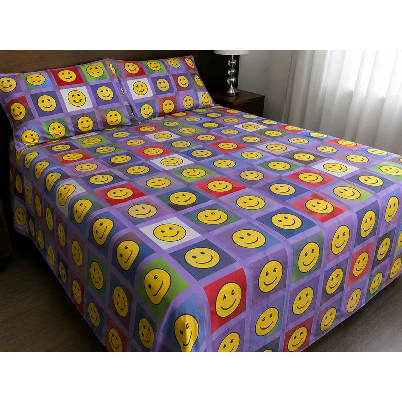 Sabana Infantil 1 Plaza Diseño Caritas 1,48 X 2,40 Mts. Violeta Caritas