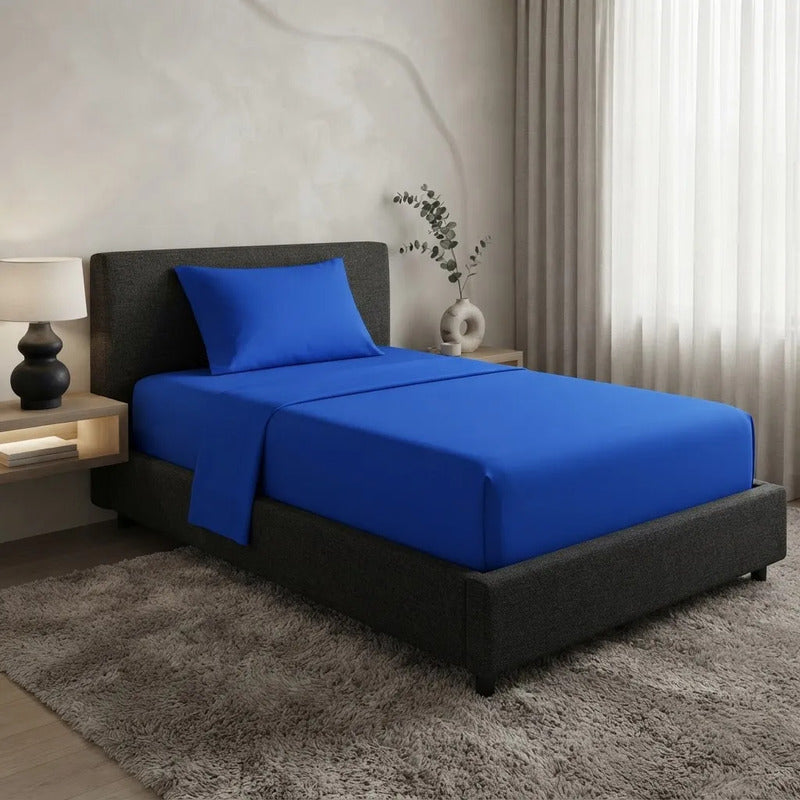 Sábanas 1 Plaza 148x240cm Ajustable 90x190x25 Cm Con Funda Azul Liso
